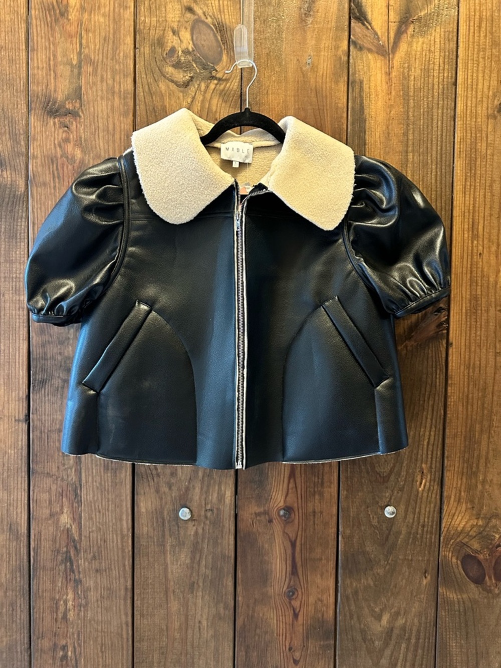 Vibely Black Faux Leather Short Jacket with Cream Sherpa Collar